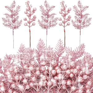 Cindeer 40 Pieces Christmas Tree Decorations Include 20 Glitter Berries Stems and 20 Xmas Tree Pick Leaves Fake Christmas Picks Artificial Pine Needles Glitter Sticks for DIY Wreath (Pink)