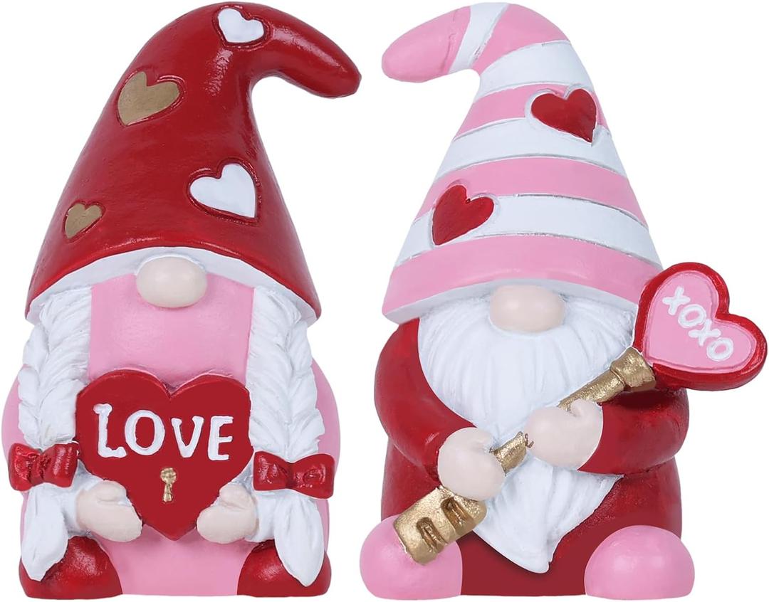 MEETYAMOR Valentines Day Decorations, 2 PCS Resin Gnomes Figurines for Valentines Day Decor, Love XOXO Sign Sweet Gnome Statues for Home Indoor Living Room Table Mantle Tired Tray Shelf, Red Pink