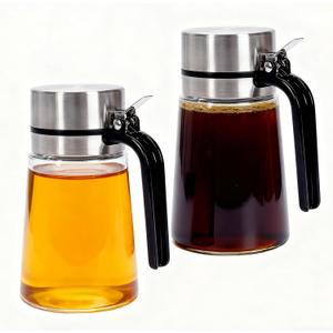 Honey Dispenser 14 oz Glass, 2 Pack Coffee Syrup Dispenser Kitchen Counter Use, Syrup Container No-Drip Condiment Bottles, Honey Pot for Coffee Bar, Tea Station, Home Kitchen and Dining Table (Large)