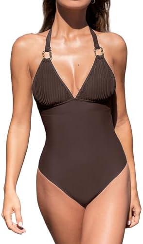 CUPSHE Women's One Piece Swimsuit Bathing Suit Halter Back Self Tie Strappy Plunging Neck Textured Swimwear, size: XL