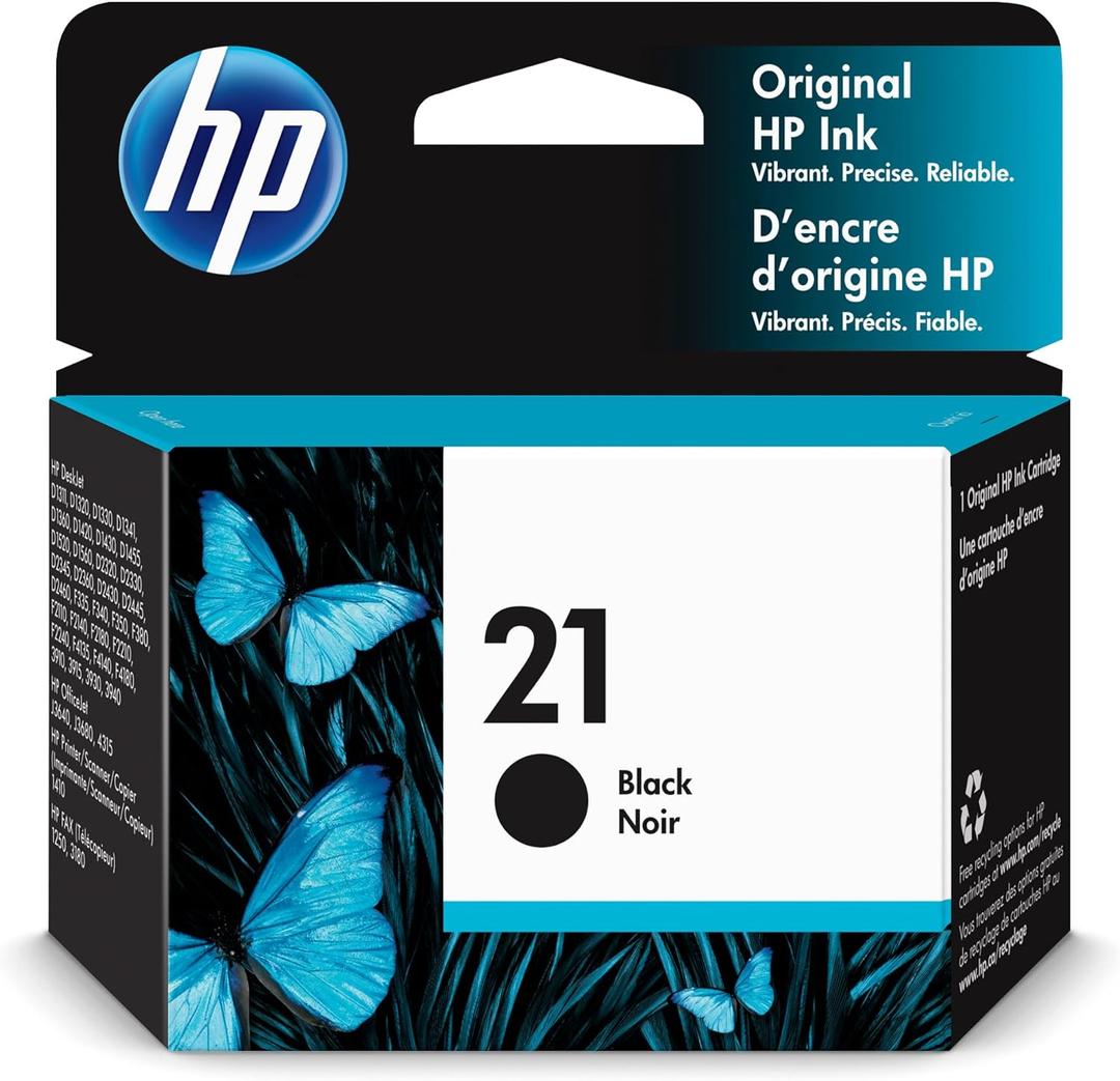 HP 21 Black Ink Cartridge | Works with HP DeskJet D1300, D1400, D1500, D2300, D2400, F300, F2100, F2200, F4100, 3900; OfficeJet J3600, 4300; PSC 1410; Fax 1250, 3180 Series | C9351AN
