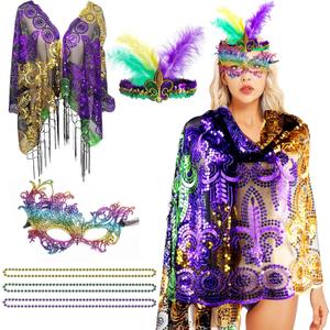 Edussy Outfit Set for Women- Classic Costumes including Headband, Shawl, Mask, and Beaded Necklace Accessories for Women