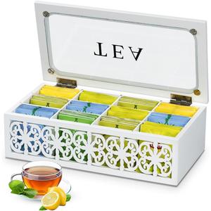 handrong Tea Box, Wood Tea Organizer and Storage, 12 Compartments Tea Bag Holder Organizer with Clear Window for Countertop Kitchen Cabinet Pantry
