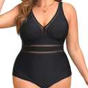 Daci Women Plus Size One Piece Swimsuits Sexy Hollow Out Bathing Suit V Neck Swimwear (Black, S)