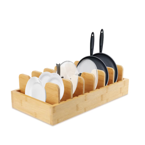 AOIZGMY Bamboo Pot Lid Organizer Adjustable Kitchen Storage Rack for Pots Pans Cutting Boards Baking Sheets with Removable Dividers