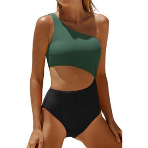 Women's One Piece Swimsuit- One Shoulder Bathing Suit Cutout Tummy Control Swimwear (X-Large, Green and Black)