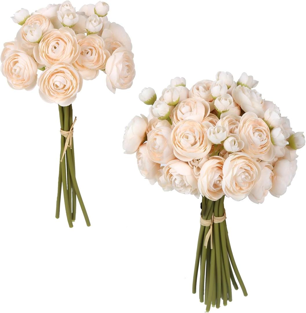 IPOPU Ranunculus Artificial Flowers 2 Bouquets Mini Cream Fake Flowers 12PCS Small Faux Ranunculus Decorative Flowers for DIY Wedding Bouquet Bridal Shower Filler Flowers Decorations (Cream)