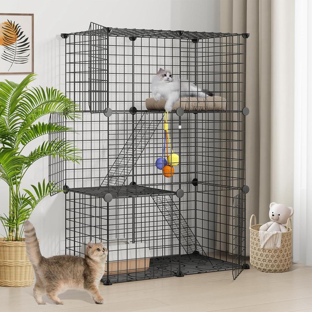 LotFun Cat Cages, 3-Tier Cat Enclosure DIY Kennel Detachable Patio Metal Wire Cat Playpen with Hammock for 2-3 Cats for Ferret, Squirrel and Small Animals (3-Tier28"L x 14"W x 42"H)