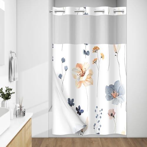 WITHLOC No Hook Shower Curtain with Snap in Liner - Watercolor Floral Shower Curtain - Waterproof Inner Liner, Plants Blue Beige Flowers Cloth Shower Curtains - Machine Washable, 54 x 80