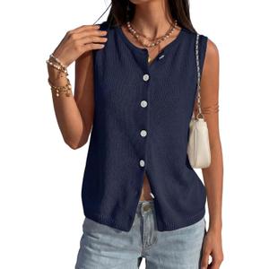 PRETTYGARDEN Sweater Vest Women 2026 Summer Sleeveless Cardigans Trendy Knit Vest Top Button Down Spring Sweater Tops (Medium, Navy Blue)