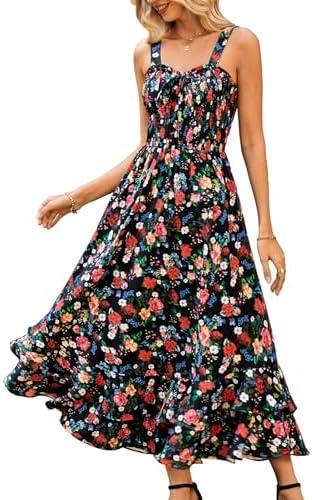 GRACE KARIN Women's 2025 Summer Floral Boho Dress Square Neck Strapped Swing A Line Sundress Beach Long Maxi Outfits, Large
