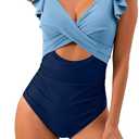 B2prity One Piece Swimsuits for Women Ruffle Sleeve V Neck Bathing Suit Tummy Control Cutout Monokini Slimming Swimwear 2XL