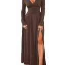 Kaei&Shi Long Sleeve Formal Dress,Deep V Neck High Slit Ruched Dresses for Women,Elegant Cocktail Wedding Guest Outfit (Brown, Small)
