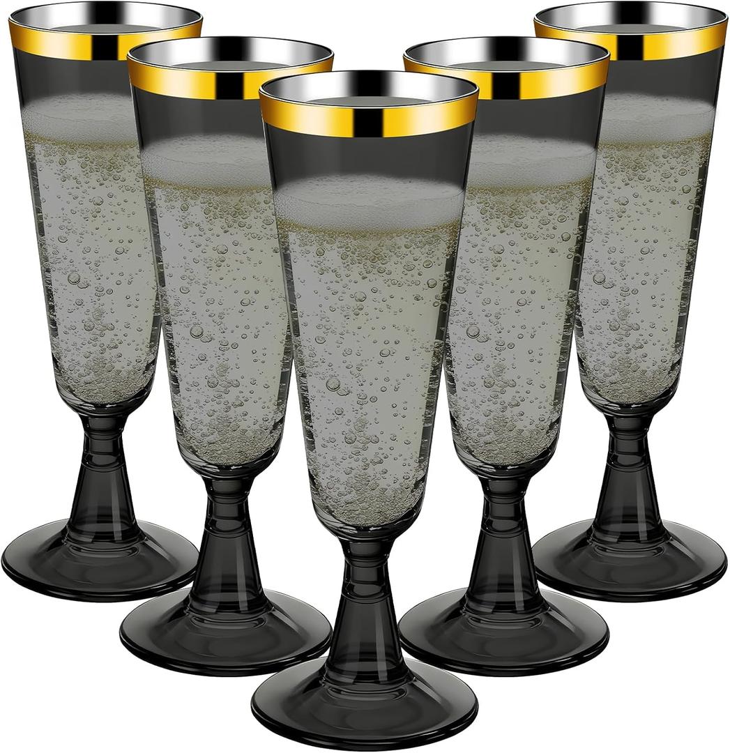 GuanQiao 40 Pack Plastic Champagne Flutes Black, Disposable Plastic Champagne Glasses with Gold Rim, Wine Glasses Cups for Wedding Celebration Birthday Party Wine Tasting New Years Eve Party Supplies