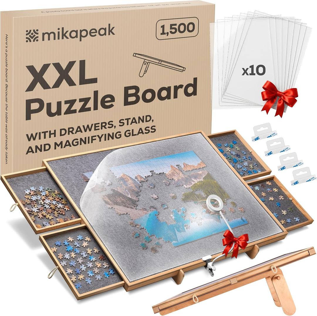 1500 Piece Puzzle Board, Clip-on Led Magnifier and Wall Display Kit Included, Adjustable Jigsaw Puzzle Boards for Adults and Kids, Portable Puzzle Board with Drawers, Cover and Non-Slip Felt Surface