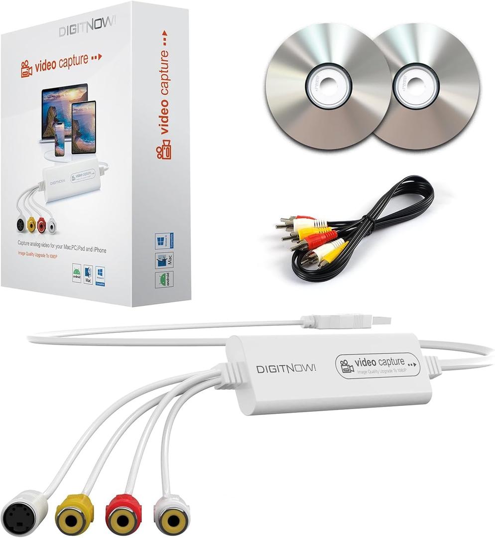 VHS TO Digital Converter, USB Video Capture Card, Video Capture Device, RCA TO USB Converter,Convert VHS VCR Hi8 Mini DV to Digital/DVD,For Tape Player Camcorder Camera PC TV,Windows Mac OS Compatible, White