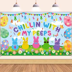 Easter Decorations Chillin with My Peeps Backdrop, 71" X 43" Easter Backdrop, Eggs Floral Grass Bunny Easter Backdrops for Photography, Peeps Banner for Easter Peeps Decorations Indoor Outdoor