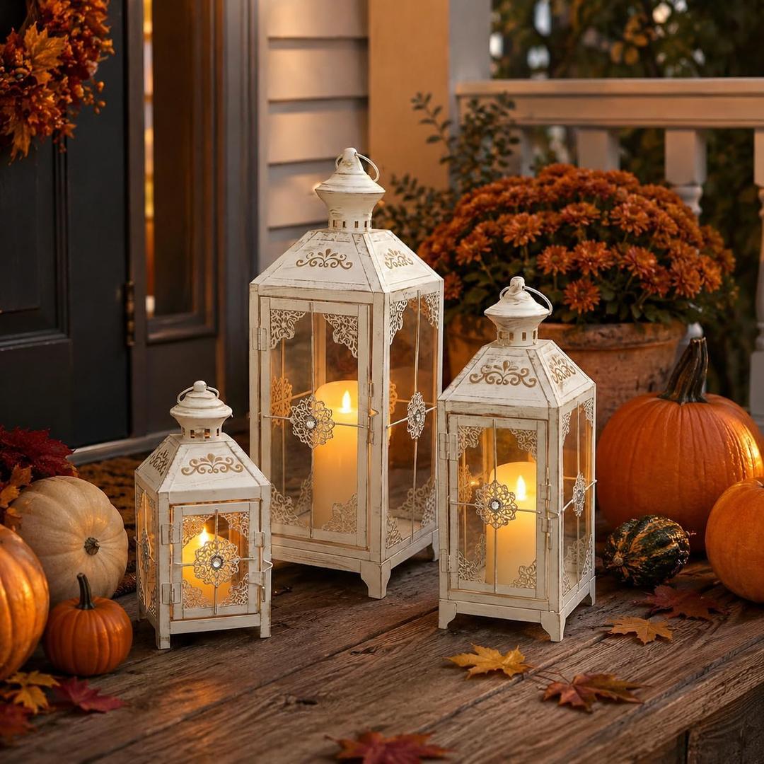 JHY DESIGN Set of 3 Decorative Candle Lantern 19.5" High Metal Vintage Hanging Lantern for Front Porch Home Patio Wedding Party, Festival Decorations(White with Gold Brush)