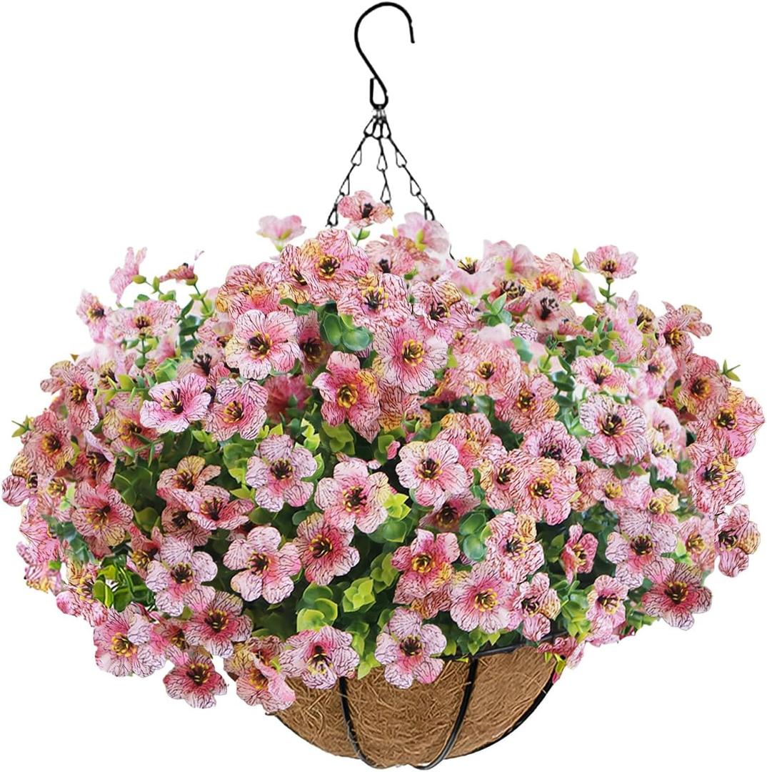Artificial Hanging Flower Plants with Pot Planter, 12 Bundles Fake Flowers Uv Resistant Artificial Outdoor Flowers for Spring Summer Yard Porch Patio Garden and Home Decoration - Pink
