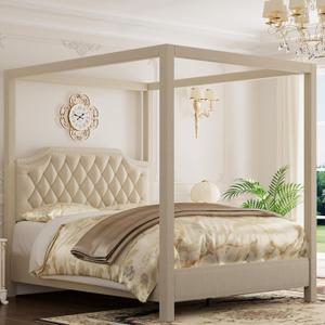 GAOMON Full Canopy Bed Frame with Upholstered Headboard, Four Poster Design, Button Tufted, and Slide Rail, No Box Spring Required, Wooden Slatted Structure, Beige