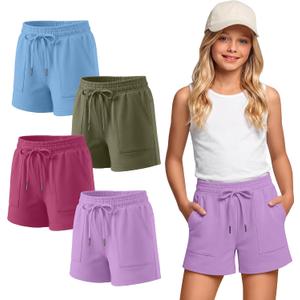 Halfchet 4 Pack Girls' Sweat Shorts | Active Shorts, Elastic Waist, Drawstring, Loose Fit, Pockets, Sizes 5-14Y, Casual, Summer, Daily, Playground, Sports, Holiday