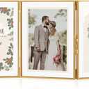 Gold Floating Frames, Vintage 5x7 Triple Folding Picture Frame, Hinged Glass Picture Frames with Three Opening for Artwork Photo Stand on Tabletop