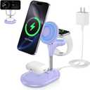 3 in 1 Wireless Charging Station for Apple MagSafe Charger, 15W Fast Qi Certified Magnetic Mag-Safe Charger Stand for iPhone 16 15 14 13 12 Apple Watch AirPods, Adjustable Angle, Purple