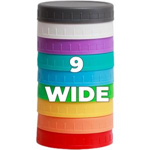 9 Pack Wide Mouth Silicone Rings, Colored and Plastic Lids, Fit Ball, Kerr or More (Multicolored)