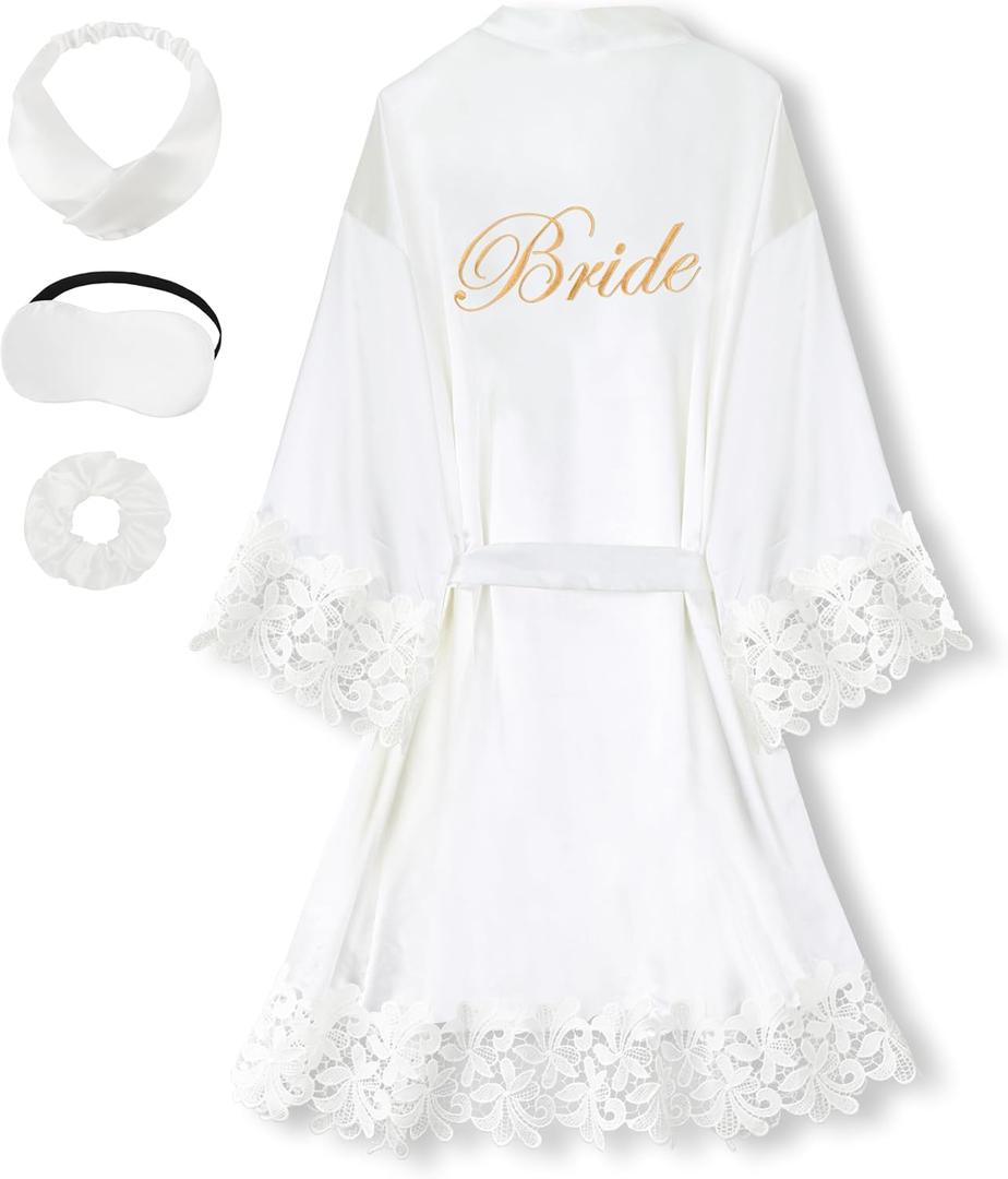 EPLAZA Bride Robe for Wedding Day Set Bridal Robe Lace Trim Silky Embroidery Satin Kimono for Bridal Party (Large-X-Large, White)