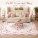 Scalloped Pink Floral Rug for Living Room, 8x10 Washable Non-Slip Area Rug for Bedroom Girls, Large Soft Low Pile Carpet for Nursery, Playroom, Dorm or Kids Room