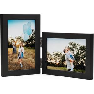 Janreefan Double Vertical & Horizontal 4X6 Picture Frames Hinged Folding Photo Frames in Black for Wall Hanging or Tabletop Standing, Made of Pine Wood with Real Glass P-S46H64-HEI