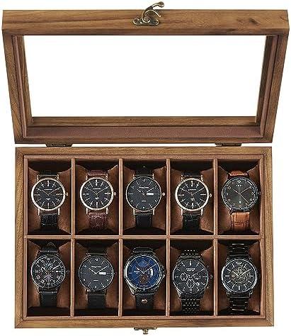 SONGMICS Watch Box, 10-Slot Solid Wood Watch Case Organizer with Glass Lid, Display Case with Removable Pillows, Gift for Loved Ones, Rustic Walnut UJOW100K01
