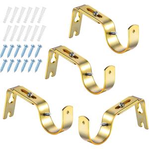 Frienda 4 Pcs Gold Curtain Rod Support Brackets Adjustable Curtain Rod Hangers for 1 Inch Diameter General Hardware Holders Wall Bracket Hanger Hooks with Screws