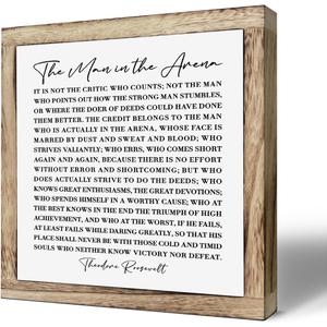Christian Wood Decor, Motivational Wood Signs for Home Office Decor, Male Office Decoration, Adult Man Room Decoration, Wooden Plaques Box Signs 9.8* 9.8, Christian Gift for Him, The Man in the Arena Sign