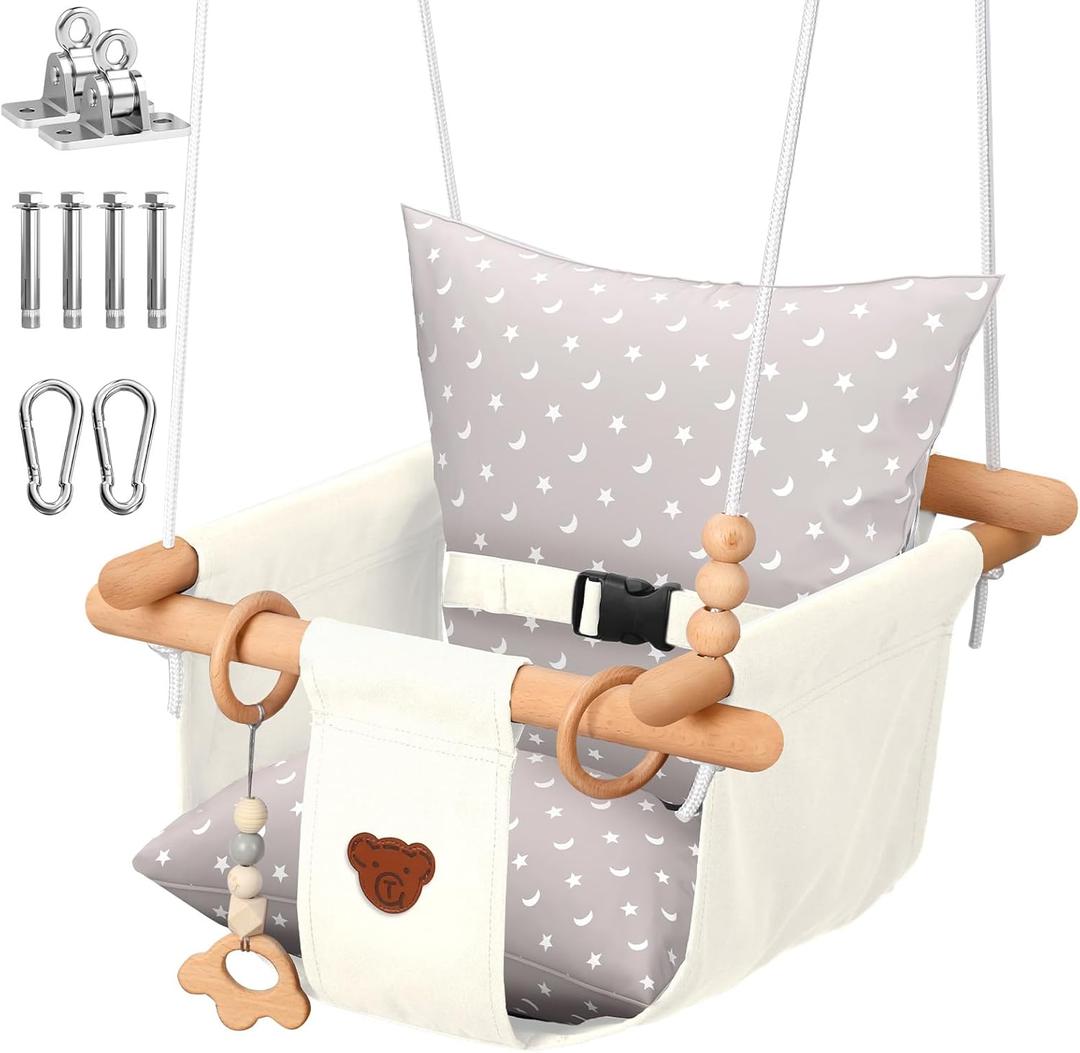 Talecogear Baby Swing  Outdoor & Indoor, Cozy Toddler Swing for Backyard, Hanging Swing Seat Chair, Cotton Canvas & Beech Wood Frame, Safety Harness, Mounting Hardware Included (White)