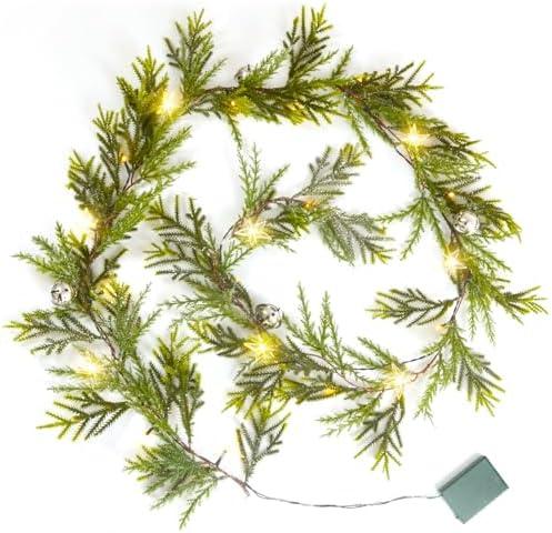 6.4FT Christmas Garland Decorations with Led & Star Lights, Faux Spruce Evergreen Garland Prelit Indoor Christmas Decor with Silver Jingle BellsMantel for Xmas Eve Fireplace Stairs, Pack 2