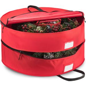 ZOBER Christmas Wreath Storage Container 36 Inch - Wreath Bag Fits 2 Wreaths Box - 600D Oxford Fabric - Interior Compartment for Storing Garlands, Wreaths Storage Bag W Strong Durable Handles - Red