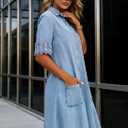 Denim Dress for Women 2026 Summer Casual Lace Trim Half Sleeve Blue Jean Dresses Button Down Shirt Dress Western Outfits (Blue, S)