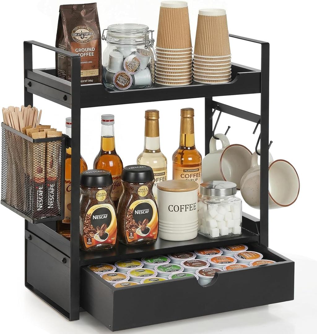 Coffee Station Organizer Countertop, Wooden Coffee Bar Accessories Organizer with Basket, 2 Mug Holder Hooks and Pod Drawer, Multifunctional 2 Tier Countertop Organizer for Kitchen, Bathroom, Office