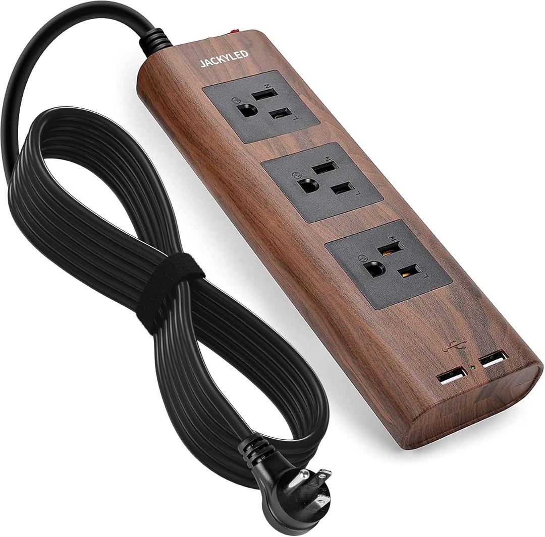 10Ft Extension Cord with USB Ports, SUPERDANNY Flat Plug Brown Power Strip Surge Protector 3 Widely Spaced Outlets, Electrical Outlet Extender, Desktop Charging Station, Walnut Wood Grain (White)