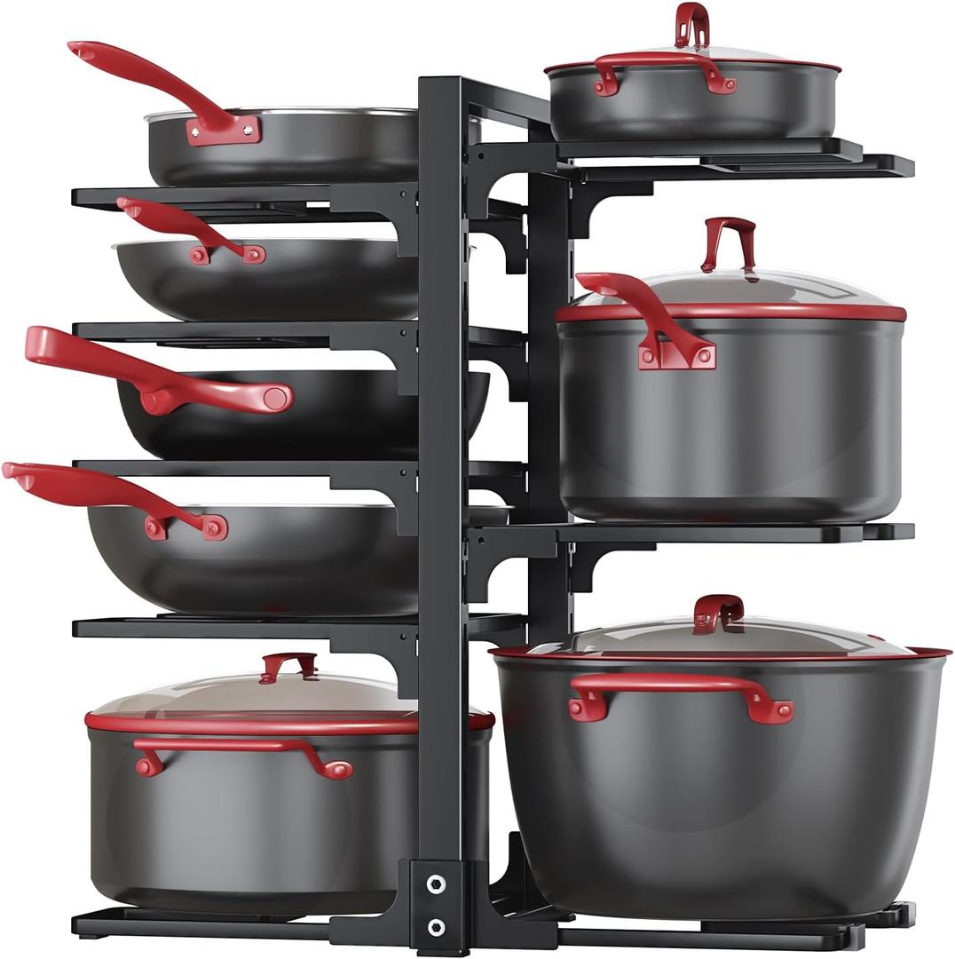 Heavy Duty Pots and Pans Organizer - 8 Tier Rack for Under Cabinet, Adjustable Lid Holder for Dutch Ovens, Cast-Iron Pans