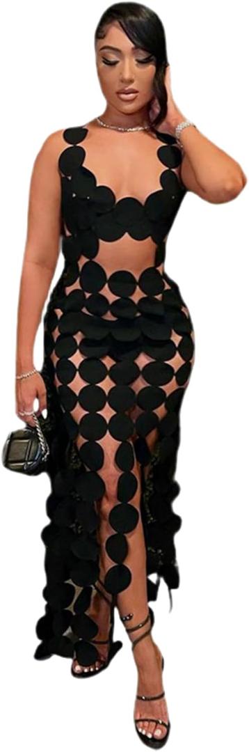 Women's Sexy Sleeveless Hollow Out Maxi Dress Tassel See Through Backless Bodycon Party Club Long Dress (Large, Black)