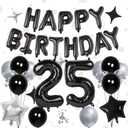 32 Inch 25 Balloon Numbers, Happy Birthday Balloons Banner 16 Inch Foil Letters Balloon Silver and Black Star Balloons for 25th Birthday Decorations for Boys Black Party Decorations