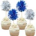 Gyufise 30Pcs Foil Firework Cupcake Toppers Sparkle Tinsel Cake Toppers Tinsel Drink Cake Decoration Cocktail Picks for Birthday Wedding Graduation Party Supplies Silver Dark Blue