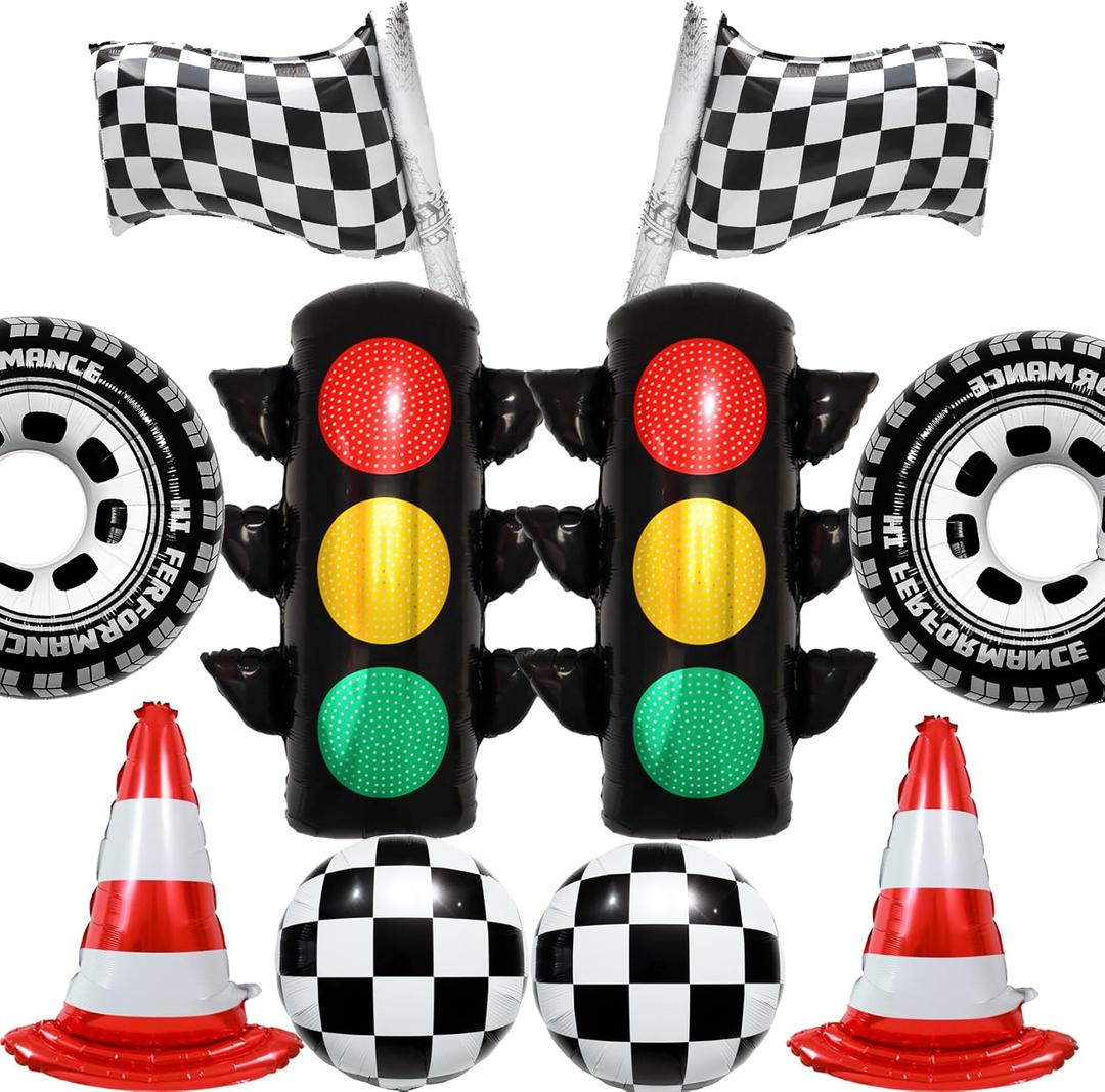Race Car Birthday Party Decoration Balloon/Traffic light Foil Balloons/Traffic Cone/Checkered Flag/Tire Wheels Balloons for Boys Girls Car Party Decor