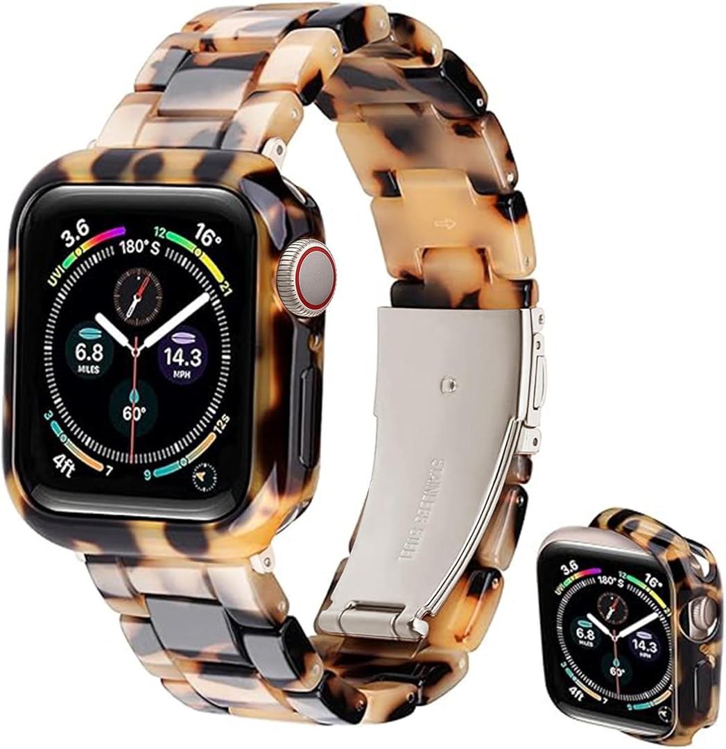 Band with Case Compatible with Apple Watch 49mm 46mm 45mm 44mm 42mm 41mm 40mm 38mm,Women Men Fashion Resin Strap Bumper for iWatch Ultra 3/2/1 Series 11 10 9 8 7 SE 6 5 4 3 2 1 (Starlight Grey Tortoise)