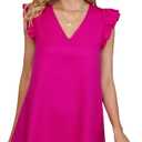 Floerns Women's Solid V Neck Ruffle Trim Cap Sleeve Summer Tunic Dress Hot Pink XS