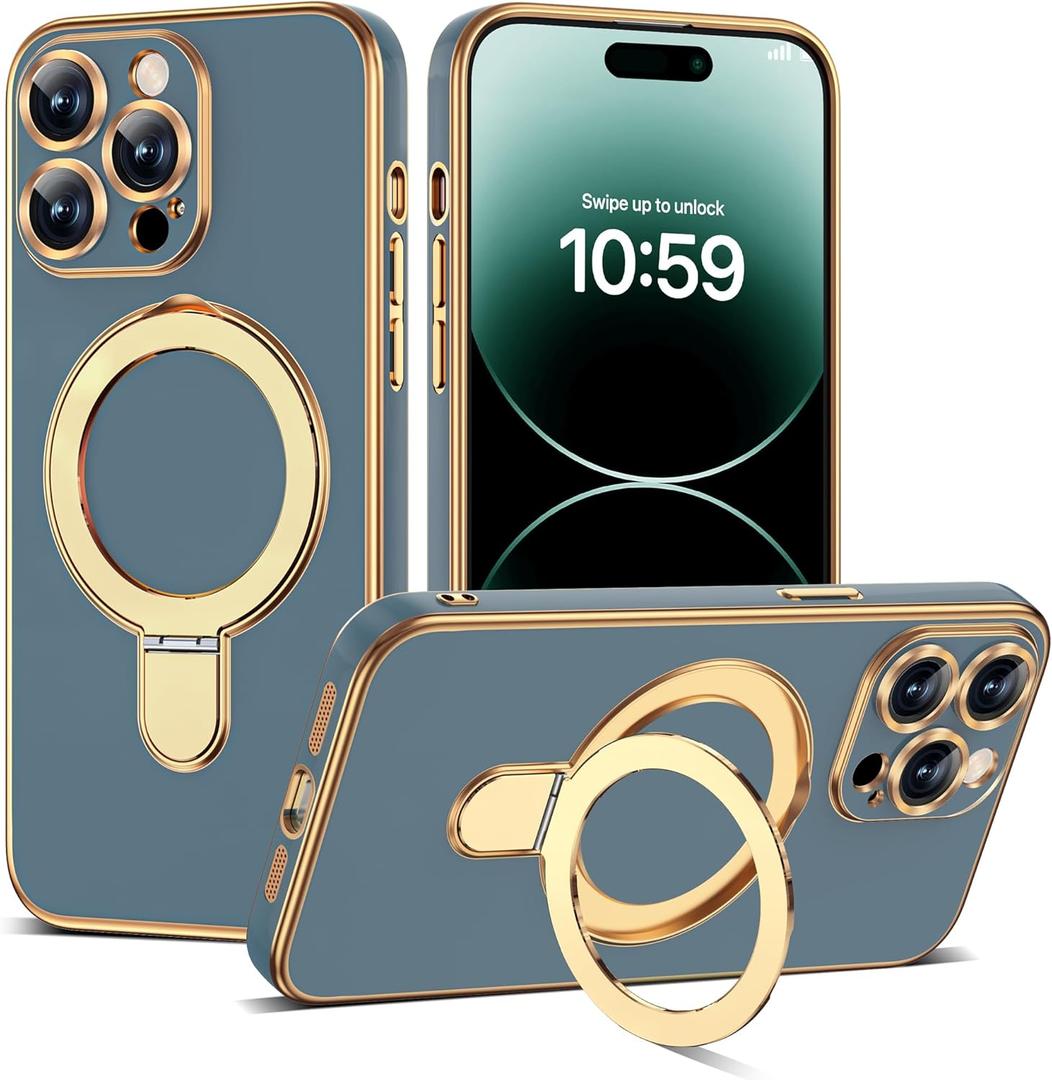 Compatible with iPhone 14 Pro Case with Magnetic Ring Stand [Compatible with Mag-Safe] [Full Camera Lens Protector] Soft Plating Phone Case for iPhone 14 Pro 6.1", Grey Blue