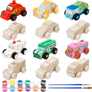 12 Pieces Wood DIY Car Toys Unfinished Wooden Cars Paintable Wood Car Blocks Crafts for Students Home Activities Easy Woodworking and Family Time Set for 3 4 5 Years Old Boys Girls