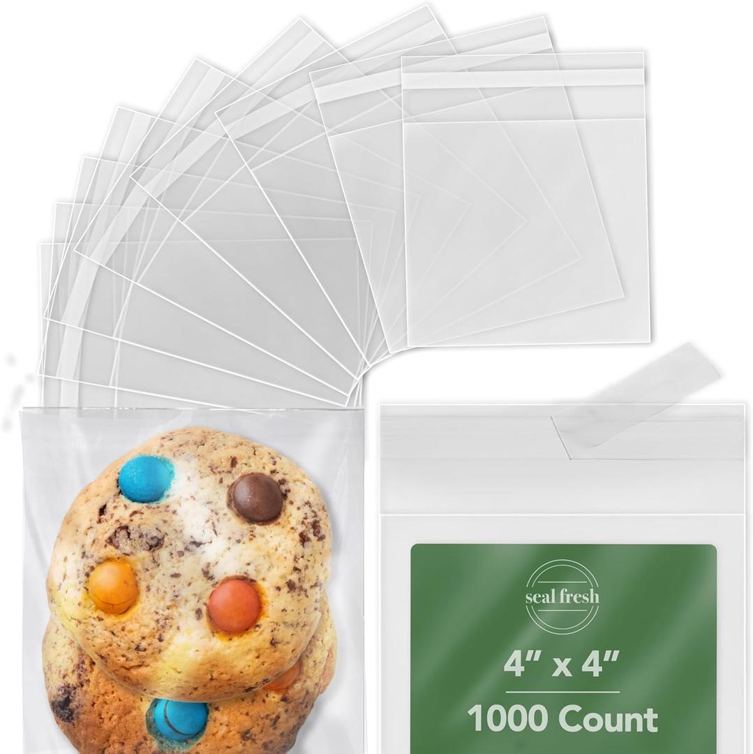 Self Sealing Cellophane Bags - 4" x 4" (1000 Count) - Clear Plastic Resealable Cello Bag - Cellophane Treat Bags, Cookie Bags for Packaging, Candy bags, Cello Bags, Pastry Bags